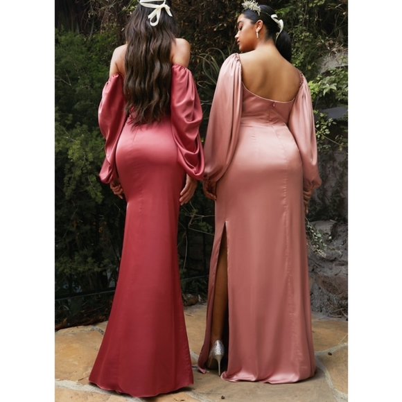 Sage Long Sleeve Off The Shoulder Soft Satin Fitted Dress - Picture 5 of 14